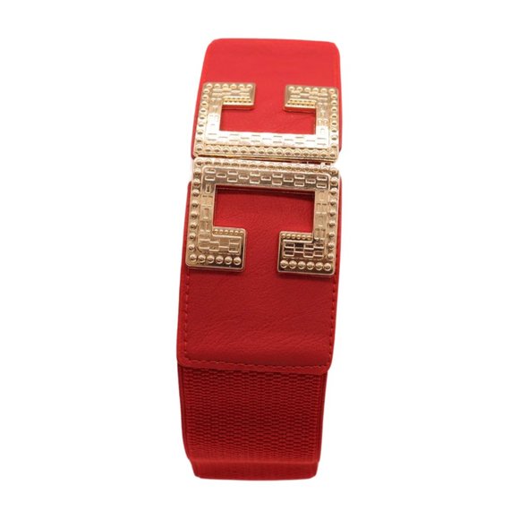 Women Red Elastic Hip High Waist Fashion Belt Big Gold Metal C Buckle Size S M - Picture 11 of 17